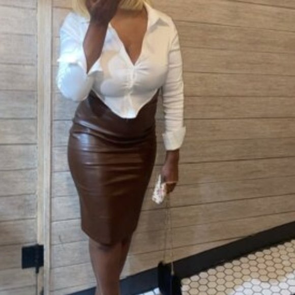 Brown Faux Leather Pencil Skirt - Picture 8 of 9